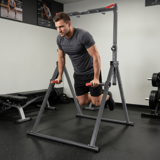 Man using adjustable foldable pull up station home gym strength training