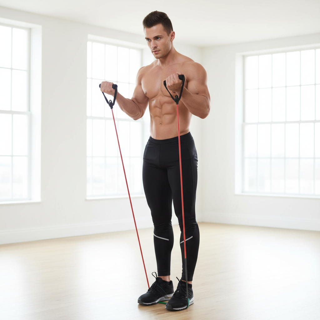 Man working out with colorful resistance bands with handles